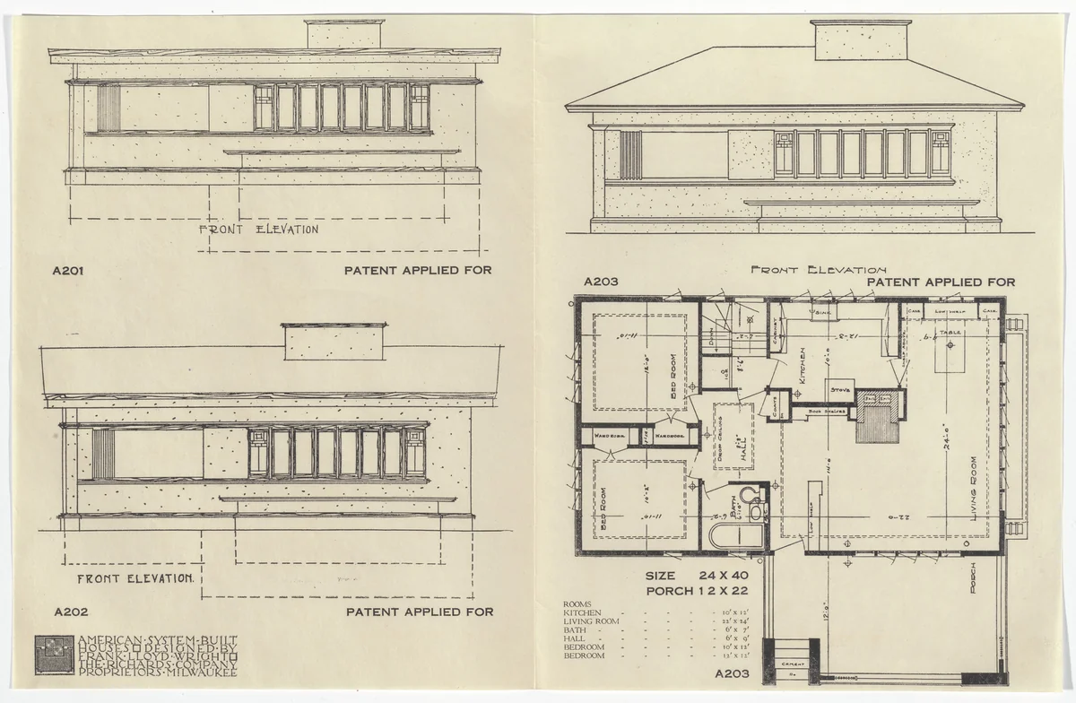 American System-Built Houses for The Richards Company project, Milwaukee, Wisconsin (Plan and elevations) by Frank Lloyd Wright, architecture, 1915