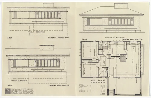 American System-Built Houses for The Richards Company project, Milwaukee, Wisconsin (Plan and elevations) by Frank Lloyd Wright, architecture, 1915