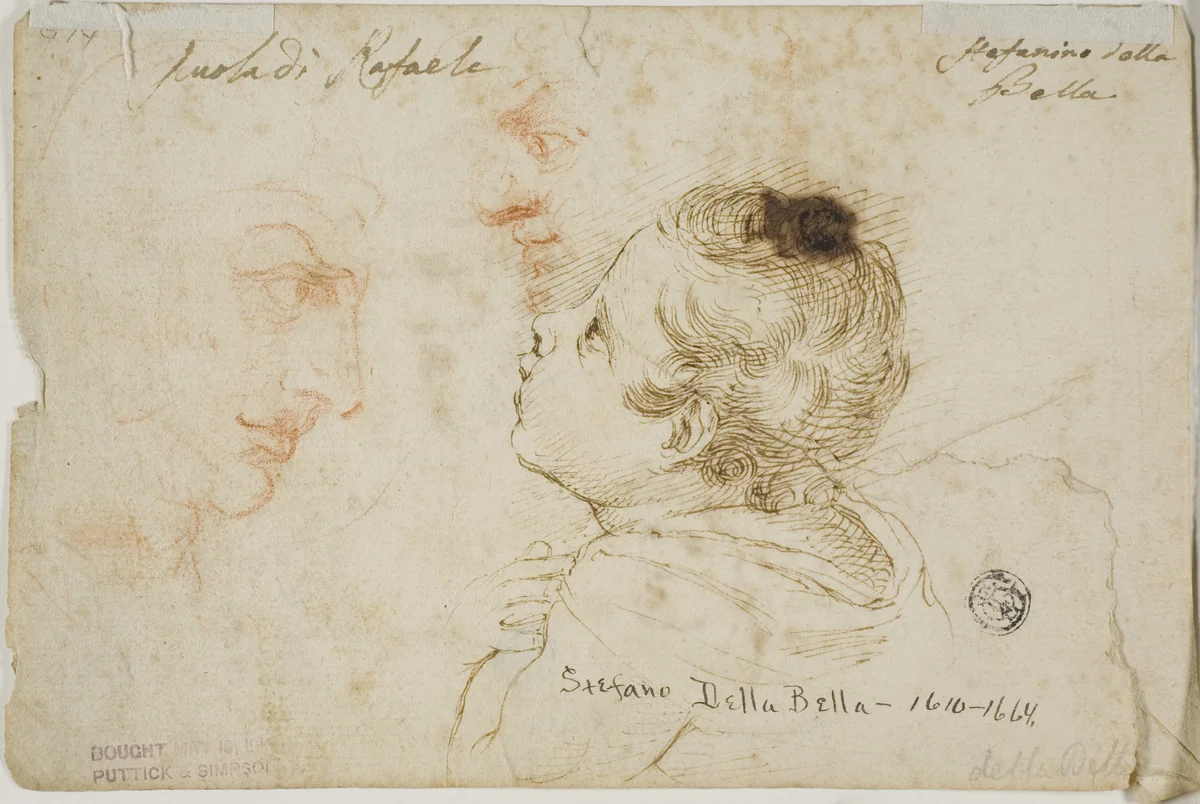 Sketches of Child Praying, Two Male Profiles (recto); Sketches of Male Heads (verso) by Stefano della Bella, drawing, 1630-1664
