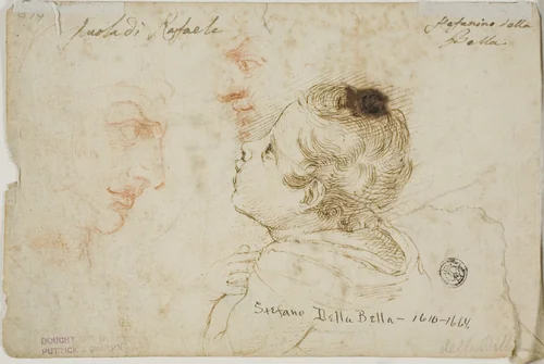 Sketches of Child Praying, Two Male Profiles (recto); Sketches of Male Heads (verso) by Stefano della Bella, drawing, 1630-1664