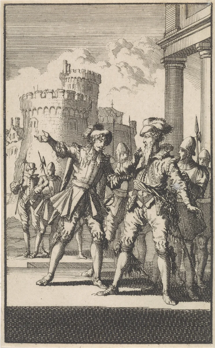 Arrestatie van de hertog van Alva, 1573 by Jan Luyken, print, 1699