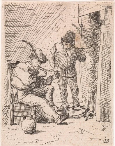 Twee boeren bij de haard by anonymous, print, 1626-1740