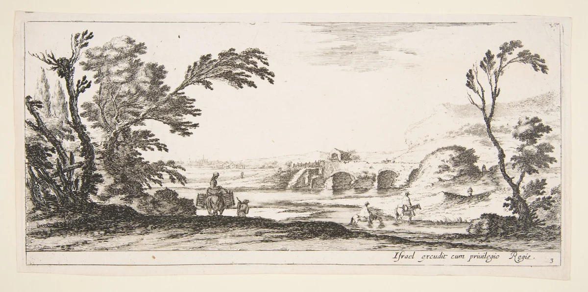 Plate 3: two horsemen crossing a river to right, a woman with two baskets atop a donkey to left, trees to the left and right, a bridge in the background, from 'Various landscapes' (Divers paysages) by Stefano della Bella, print, 1636-1646
