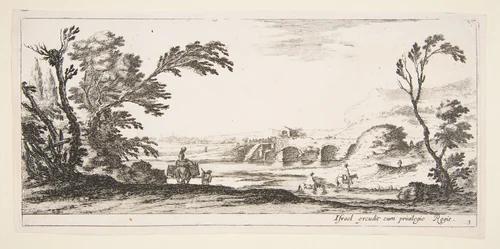 Plate 3: two horsemen crossing a river to right, a woman with two baskets atop a donkey to left, trees to the left and right, a bridge in the background, from 'Various landscapes' (Divers paysages) by Stefano della Bella, print, 1636-1646