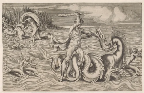 Hercules worstelt met Acheloüs by Unknown, print, 1501-1580