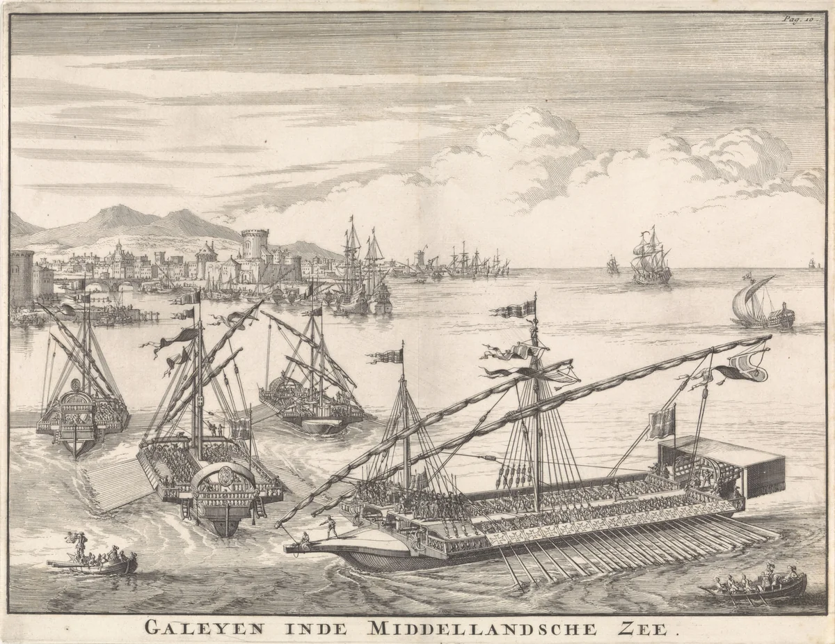 Galeien in de Middellandse Zee by Jan Luyken, print, 1697