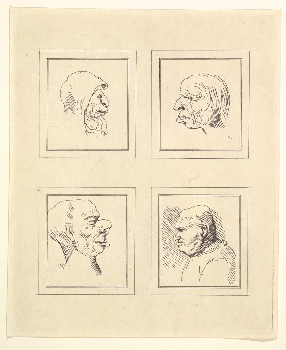 Four Heads (from Characaturas by Leonardo da Vinci, from Drawings by Wincelslaus Hollar, out of the Portland Museum) by Wenceslaus Hollar, print, 1786