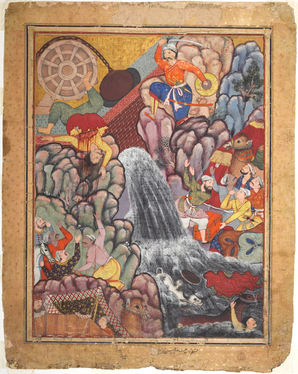 Alamshah cleaving asunder the chain of the wheel, from volume 11 of a Hamza-nama (Adventures of Hamza) by Unknown, painting, 1555-1585