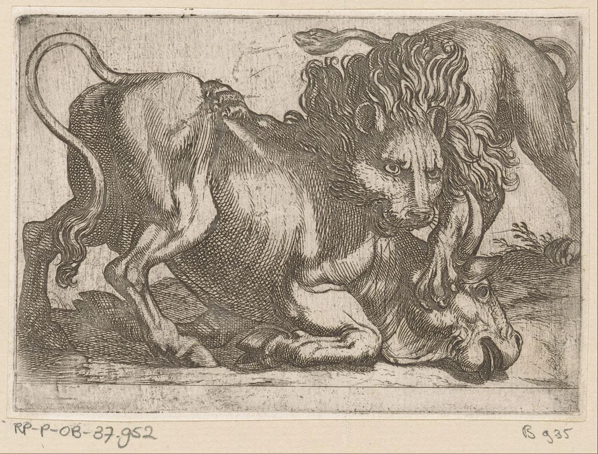 Een leeuw een stier aanvallend by Antonio Tempesta, print, 1600