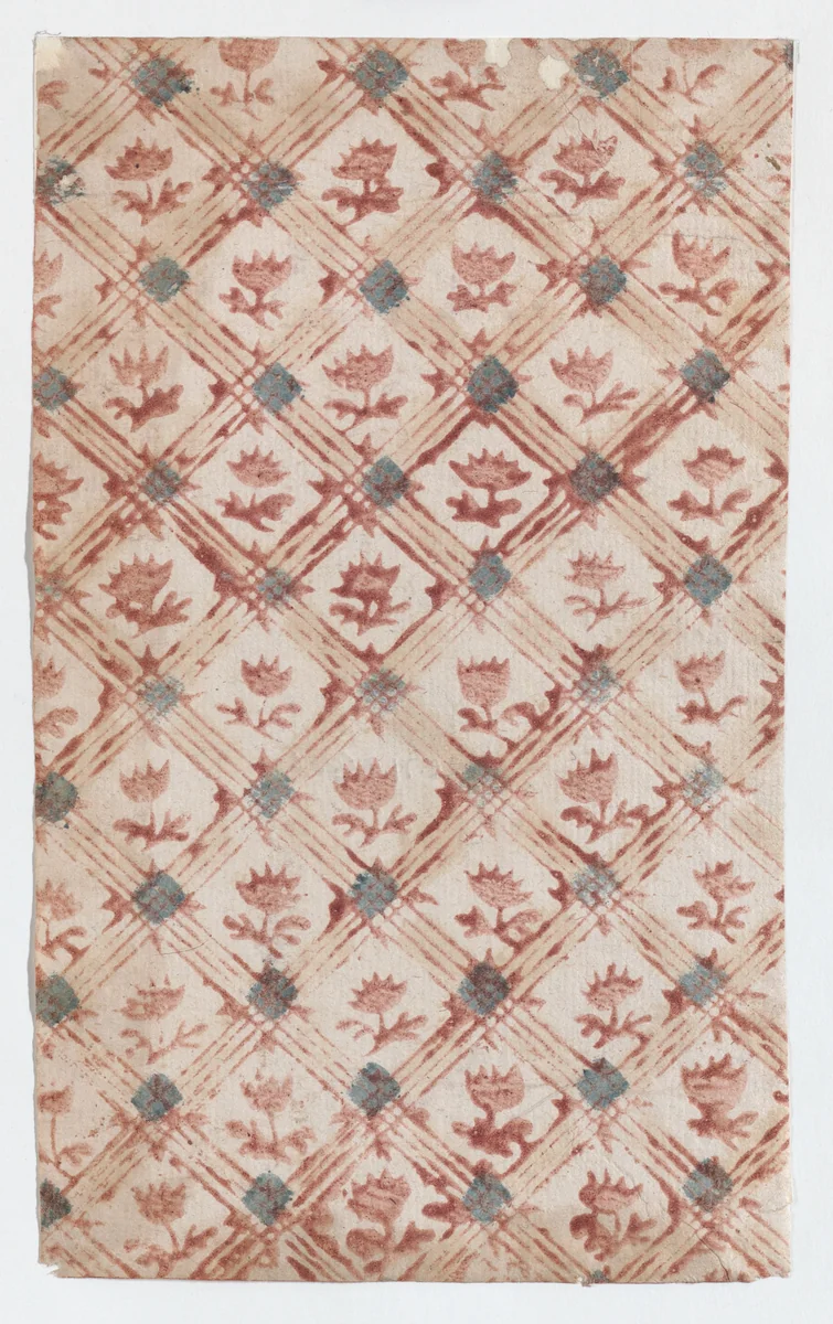 Sheet with grid and floral pattern by anonymous, print, 1800-1900