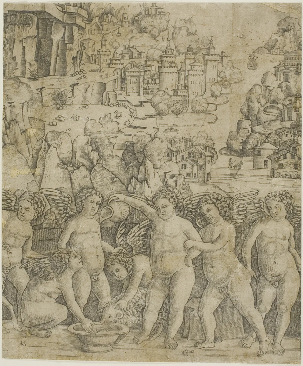 Seven Cupids with Two Rams in a Landscape by Giovanni Antonio da Brescia, print, 1475-1485