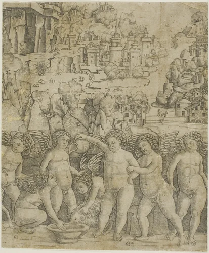 Seven Cupids with Two Rams in a Landscape by Giovanni Antonio da Brescia, print, 1475-1485