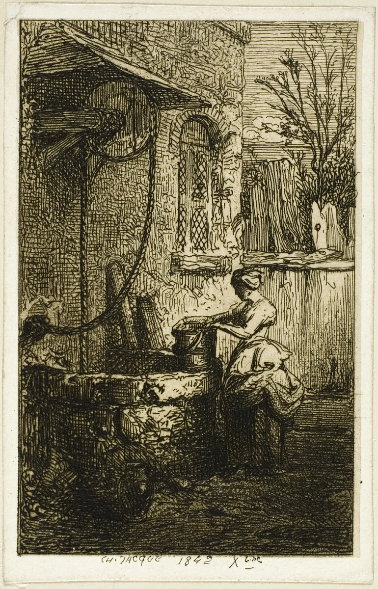 Woman at a Well by Charles-Émile Jacque, print, 1842