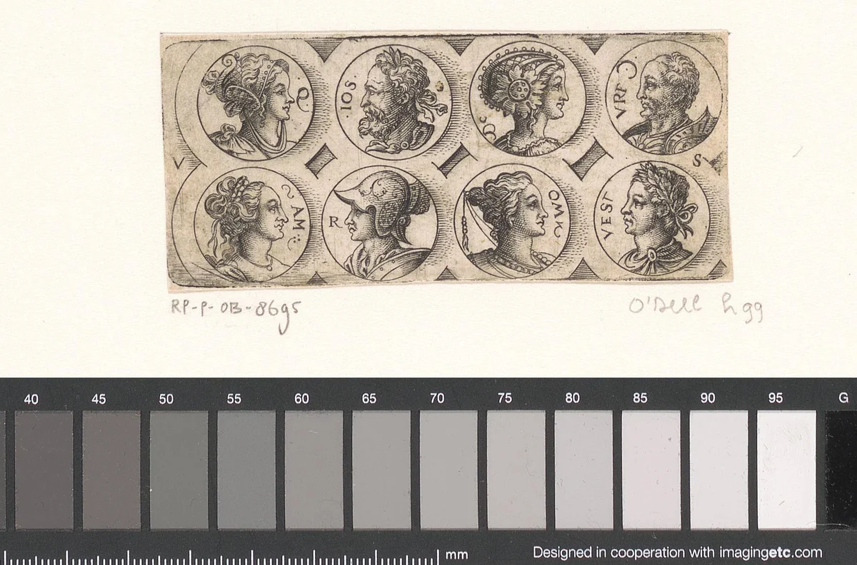 Fries met zes bustes met hoofddeksels by Unknown, print, 1524-1562