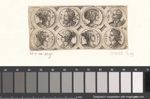 Fries met zes bustes met hoofddeksels by Unknown, print, 1524-1562