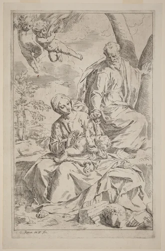 The Rest on the Flight into Egypt by Simone Cantarini, print, 1612-1648