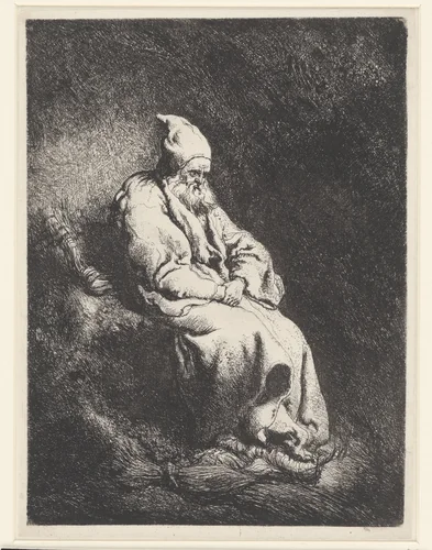 Kluizenaar in een grot by Jan Lievens, print, 1625-1674