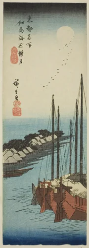 Misty Moonlight on the Shore at Tsukuda Island (Tsukudajima kaihen oborozuki), from the series "Famous Places in the Eastern Capital (Toto meisho)" by Utagawa Hiroshige (歌川広重), print, 1830-1843