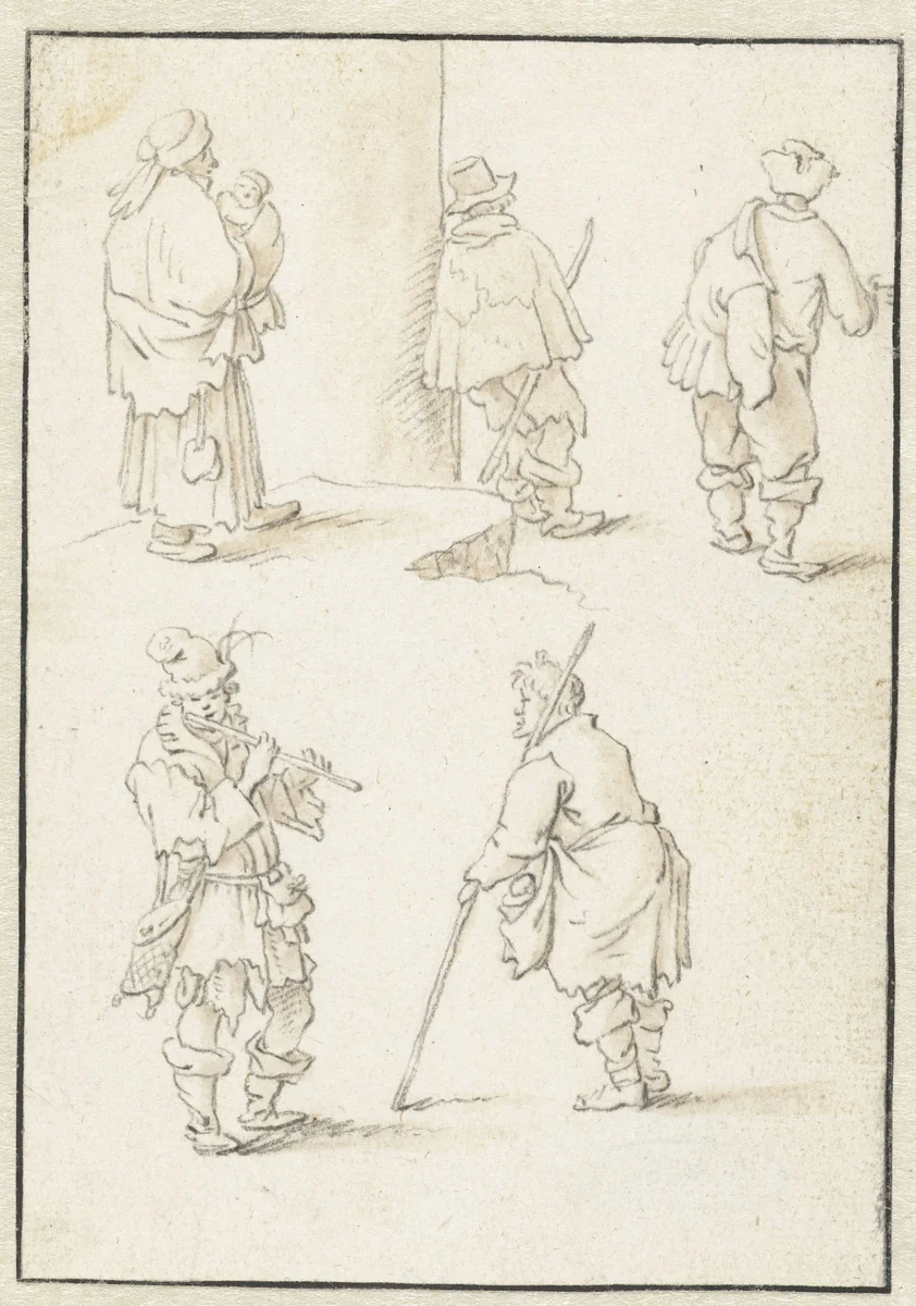 Vrouw met kind, een staande fluitspeler en drie staande mannen by Herman Saftleven, drawing, 1619-1685