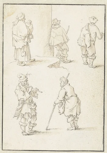 Vrouw met kind, een staande fluitspeler en drie staande mannen by Herman Saftleven, drawing, 1619-1685