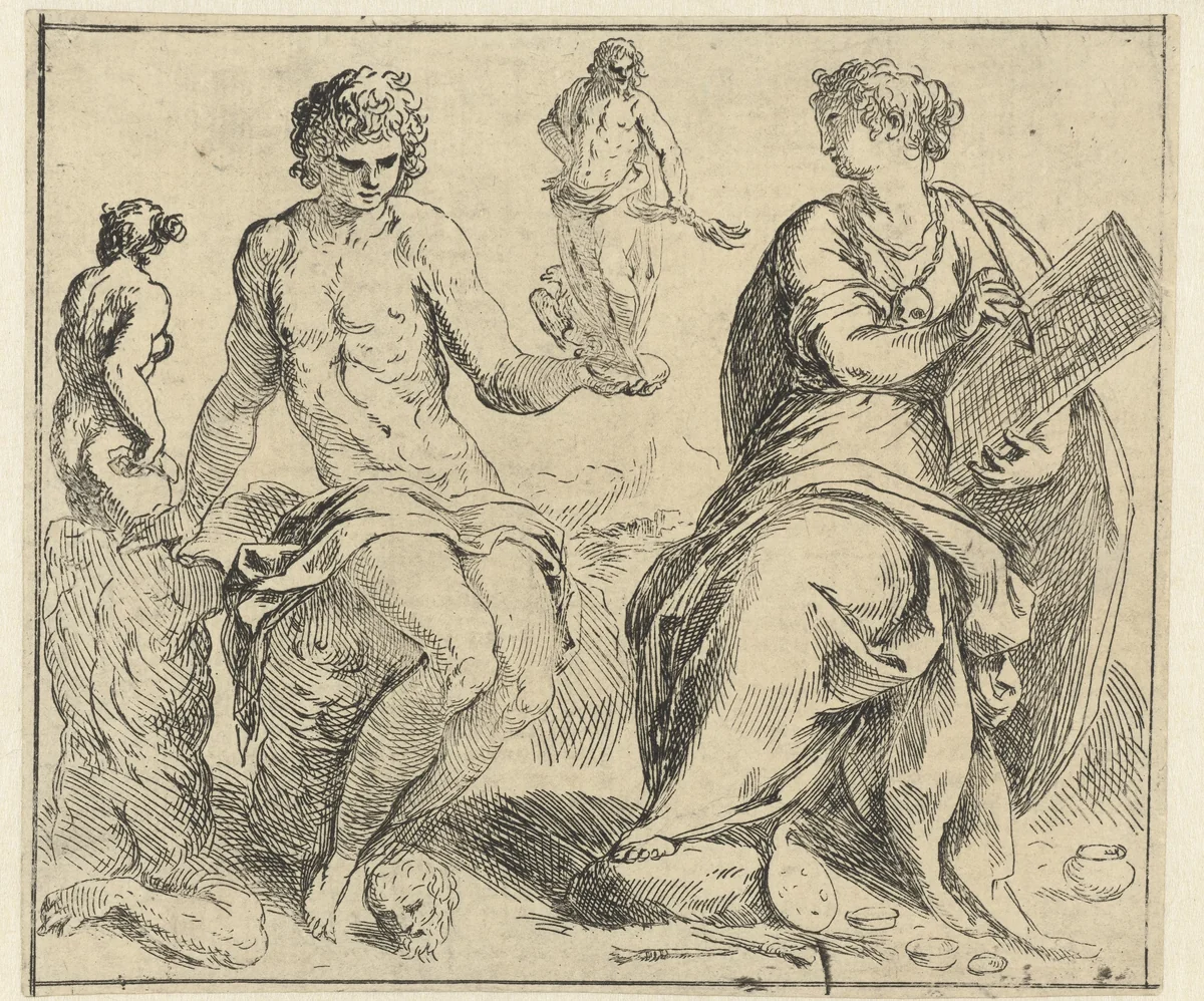 Personificaties van beeldhouwkunst en schilderkunst by Jacopo Palma, print, 1554-1611