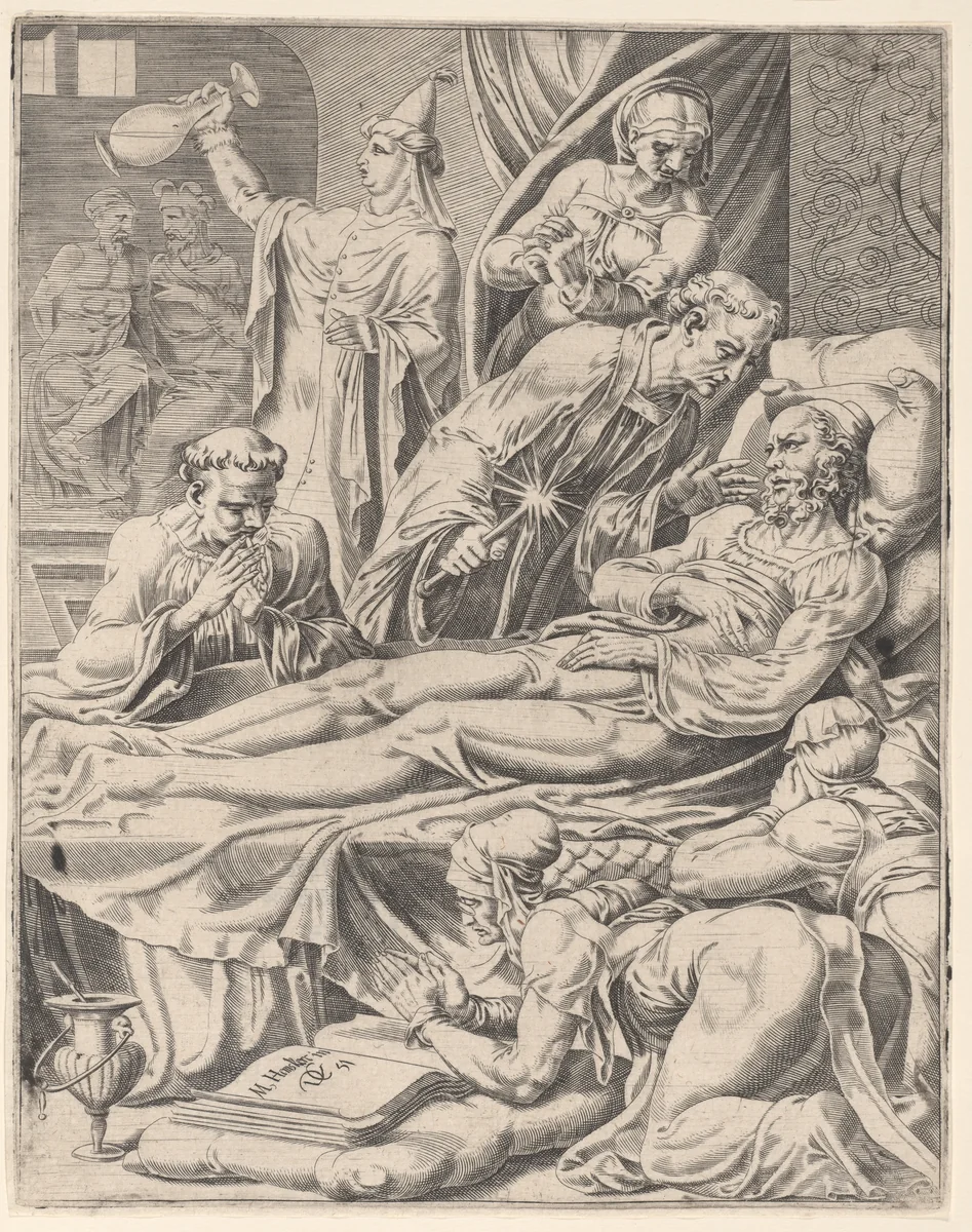 The Rich Man on His Deathbed, plate 2 from "The Parable of Lazarus and the Rich Man" by Dirck Volckertsz. Coornhert, print, 1551