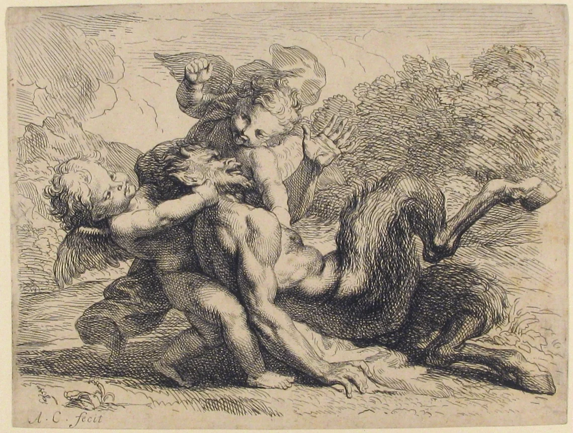 Two Cupids Wrestling Pan (Pan Vancu par les Amours) by Antoine Coypel, print, 1692