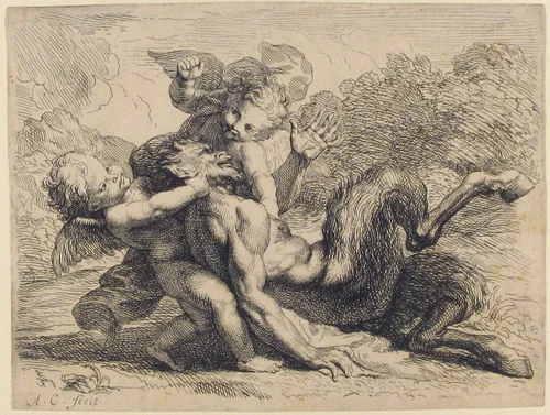 Two Cupids Wrestling Pan (Pan Vancu par les Amours) by Antoine Coypel, print, 1692