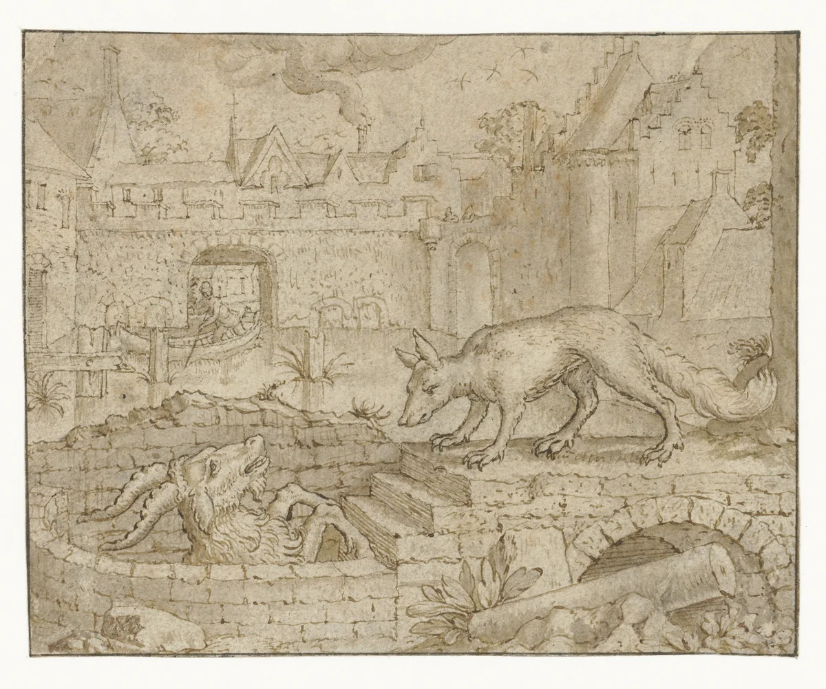 Fabel van de vos en de geit by anonymous, drawing, 1675-1700
