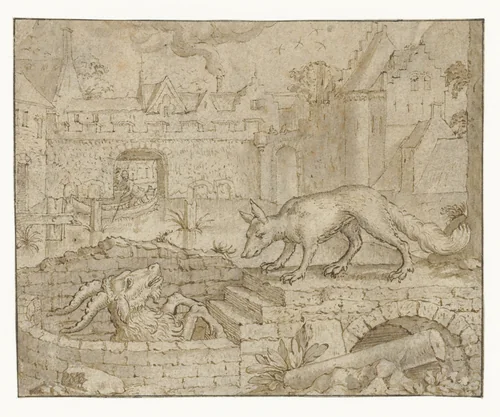 Fabel van de vos en de geit by anonymous, drawing, 1675-1700