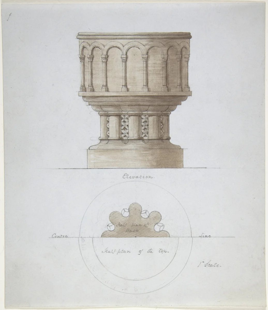 Romanesque Style Font by anonymous, drawing, 1840-1870