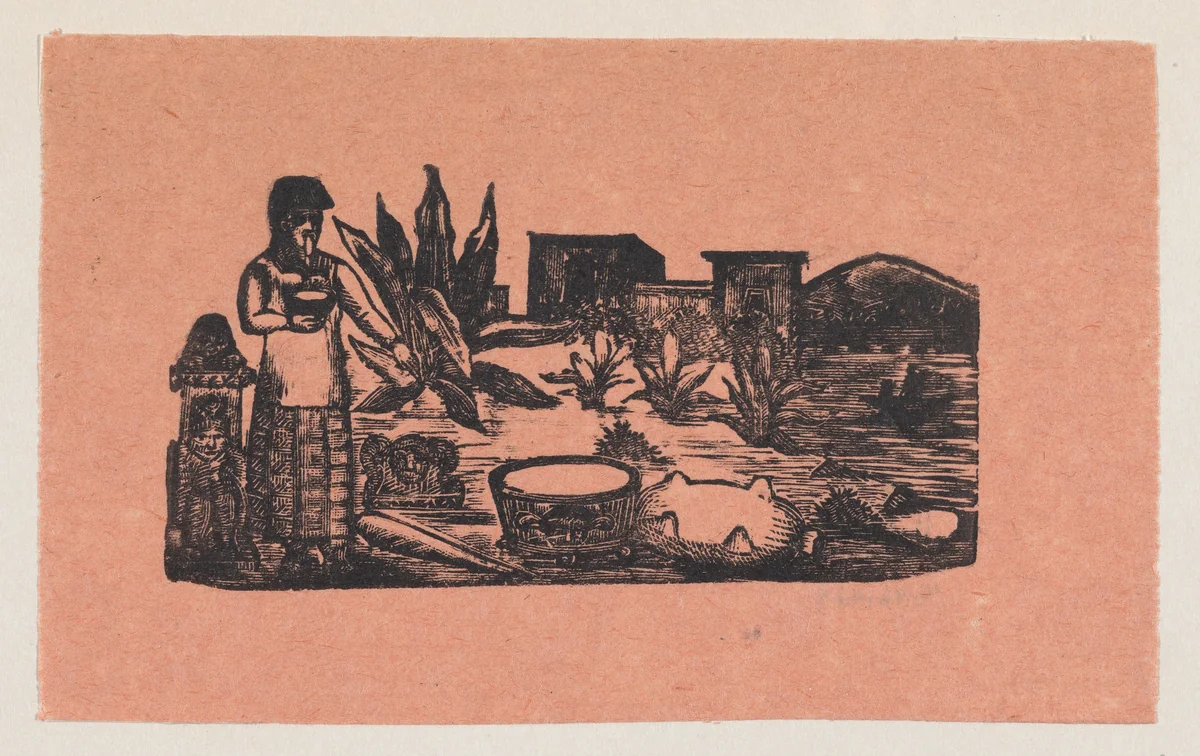 A woman standing in the countryside pointing to a tub of water by José Guadalupe Posada, print, 1890-1910