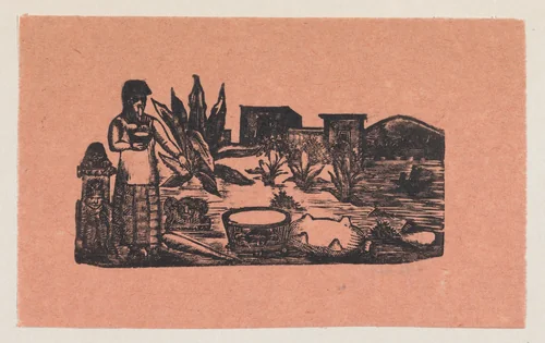 A woman standing in the countryside pointing to a tub of water by José Guadalupe Posada, print, 1890-1910