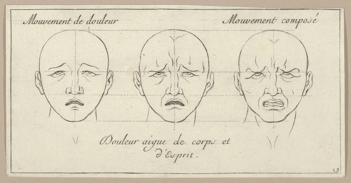 Mouvement de douleur, Douleur aigue de corps et d'Esprit, Mouvement composé, from "Caractères des passions, gravés sur les desseins de l'illustre Monsieur le Brun" by Sébastien Le Clerc, print, 1695-1720