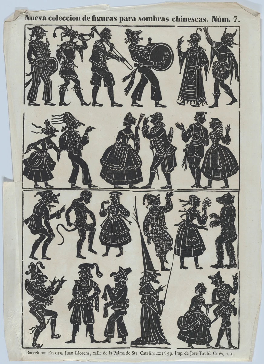 Sheet 7 of figures for Chinese shadow puppets by Juan Llorens, print, 1859