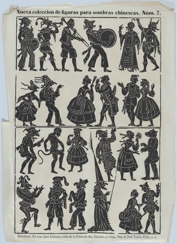 Sheet 7 of figures for Chinese shadow puppets by Juan Llorens, print, 1859
