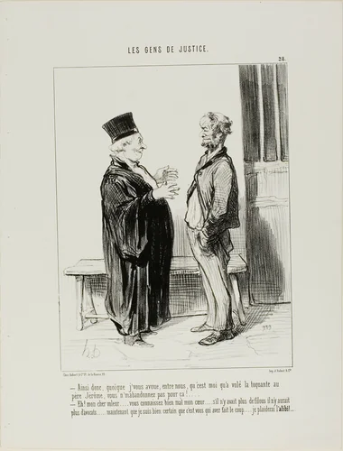 “- So even if I admit, between us, that I stole Father Jerome's watch, you won't drop my case? - My dear thief, you really don't understand my position... if there were no offenders there would hardly be any lawyers.... Now that I know you are guilty, I will work on your alibi...,” plate 28 from Les Gens De Justice by Honoré-Victorin Daumier, print, 1846