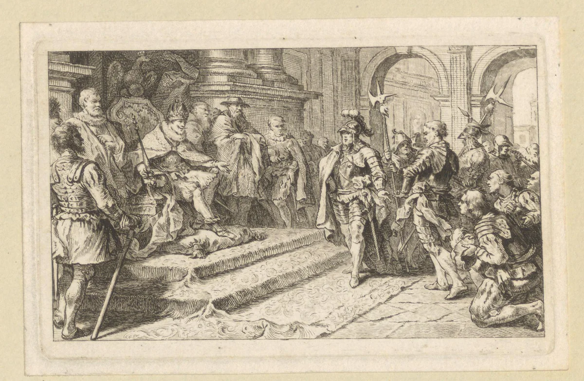 Frederik de Schone als gevangene voor Rooms keizer Lodewijk de Beier by Georg Friedrich Schmidt, print, 1751