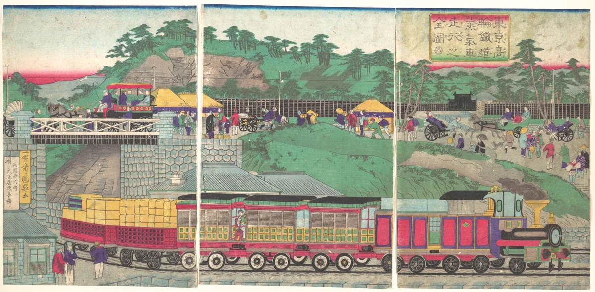 Illustration of a Steam Locomotive Running on the Takanawa Railroad in Tokyo (Tōkyō takanawa tetsudō jōkisha sōkō no zu) by Utagawa Kuniteru, print, 1863-1883