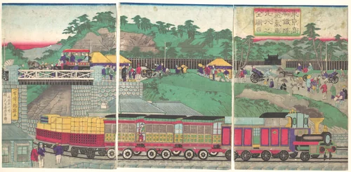 Illustration of a Steam Locomotive Running on the Takanawa Railroad in Tokyo (Tōkyō takanawa tetsudō jōkisha sōkō no zu) by Utagawa Kuniteru, print, 1863-1883