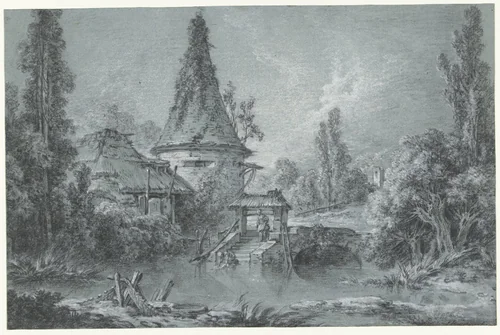Landschap met een toren, in de omgeving van Beauvais by François Boucher, drawing, 1737-1747