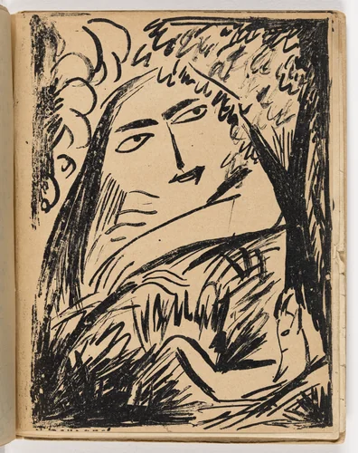 Plate (folio 32) from Mirskontsa (Worldbackwards) by Natalia Goncharova
Mikhail Larionov
Nikolai Rogovin
Vladimir Tatlin
Various Artists, illustrated book, 1912