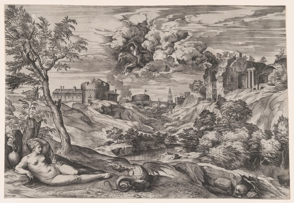 Ruggiero Rescuing Angelica by Cornelis Cort, print, 1565