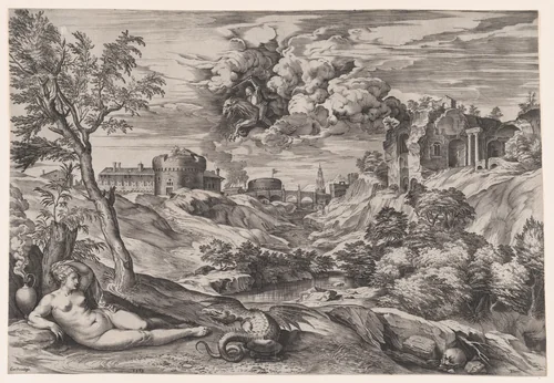 Ruggiero Rescuing Angelica by Cornelis Cort, print, 1565