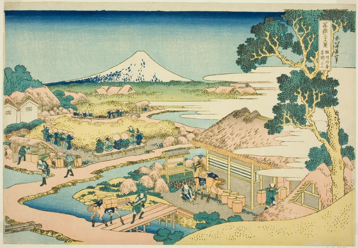 The Tea Plantation of Katakura in Suruga Province (Sunshu Katakura chaen no Fuji), from the series "Thirty-six Views of Mount Fuji (Fugaku sanjurokkei)" by Katsushika Hokusai (葛飾 北斎), print, 1825-1838