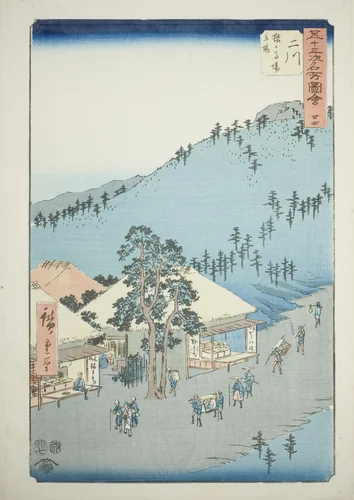 Futakawa: The Station at Surugababa (Futakawa, Sarugababa tateba), no. 34 from the series "Famous Sights of the Fifty-three Stations (Gojusan tsugi meisho zue)," also known as the Vertical Tokaido by Utagawa Hiroshige (歌川広重), print, 1855