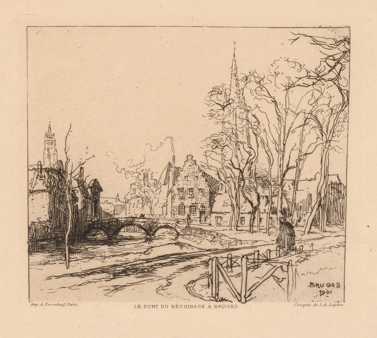 The Béguinage Bridge in Bruges (La Pont du Beguinage à Bruges) by Auguste Louis Lepère, print, 1901