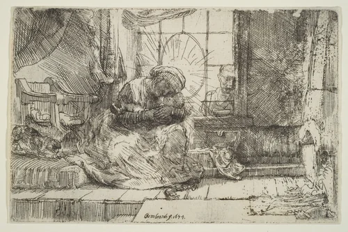 Virgin and Child with the Cat: and Joseph at the Window by Rembrandt van Rijn, print, 1654