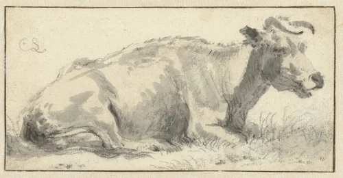 Recumbent Cow, in Profile to the Right by Cornelis Saftleven, drawing, 1617-1681