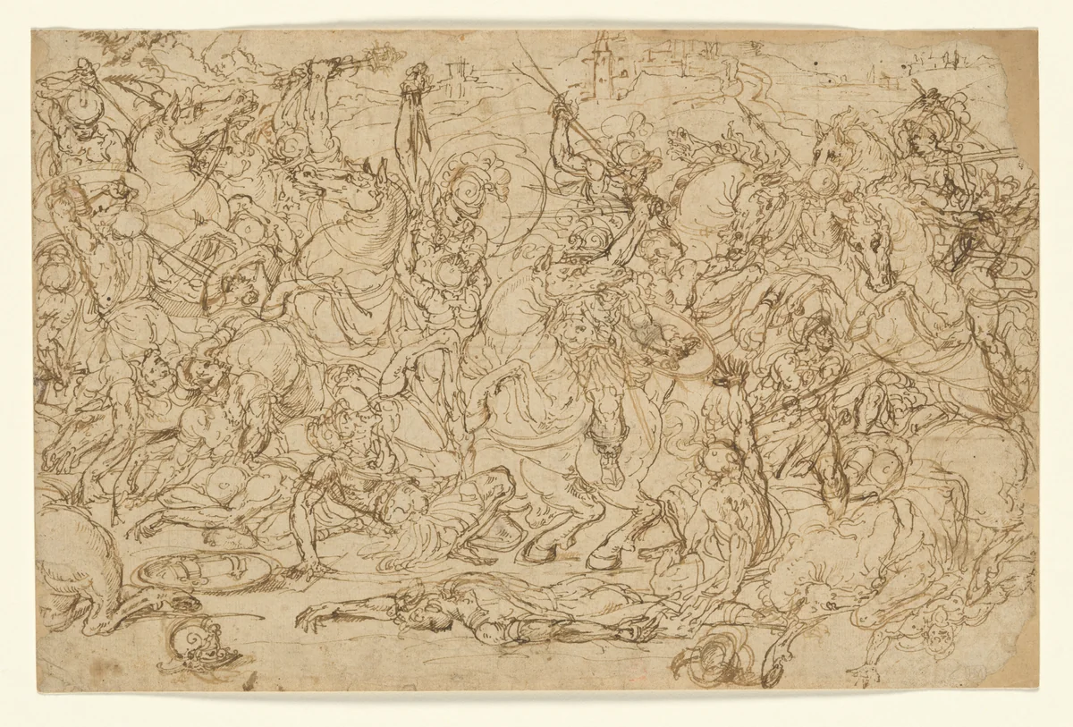 Battle of Horsemen and Foot Soldiers by Guglielmo della Porta, drawing, 1536-1570